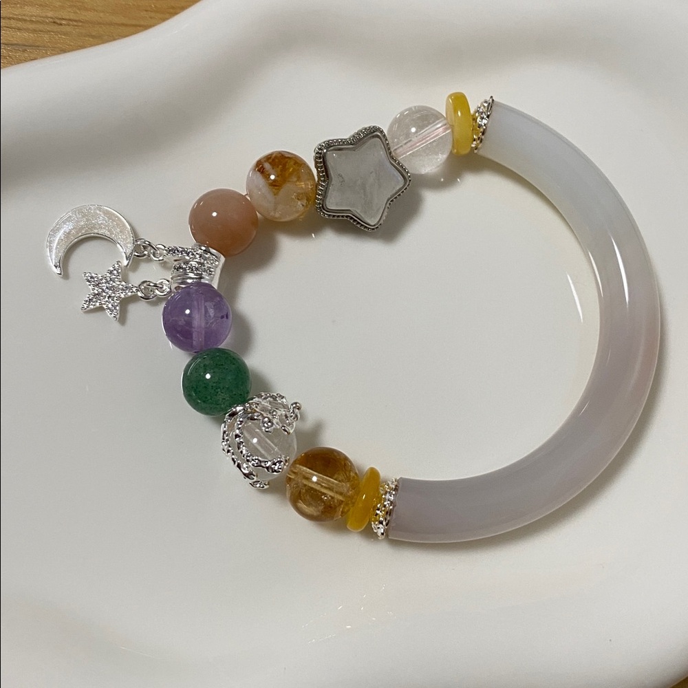Natural Agate Half-Bangle Bracelet | Golden Healer & Amethyst Beads | Celestial